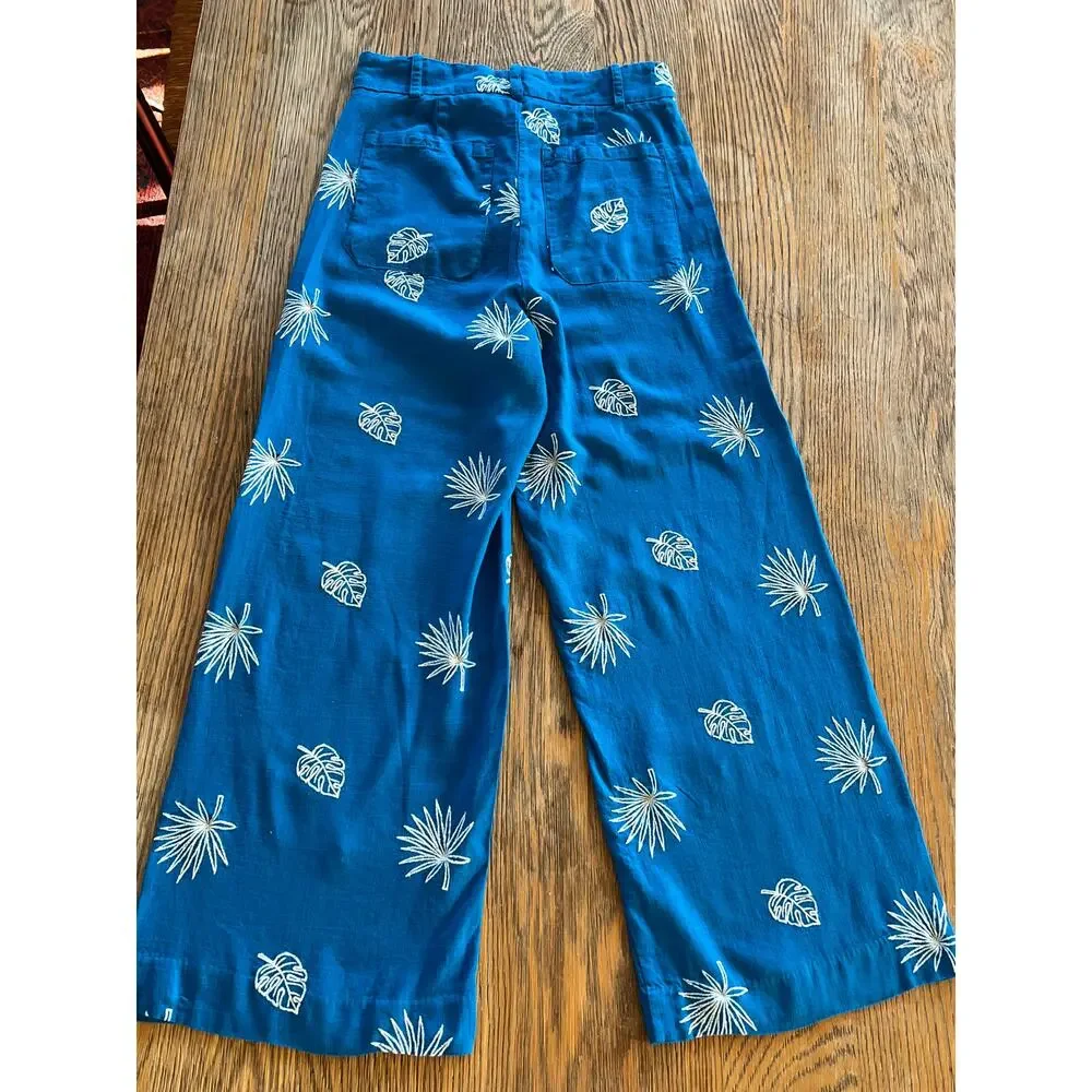 Zara Embroidered Tropical Wide Leg Pants Women's XS Blue